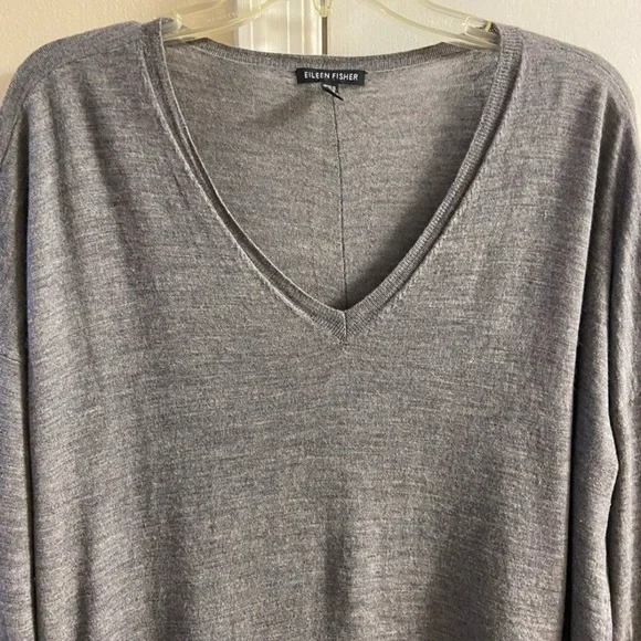 Eileen Fisher Gray V-Neck sweater merino wool lagenlook slouchy Large - Picture 3 of 7